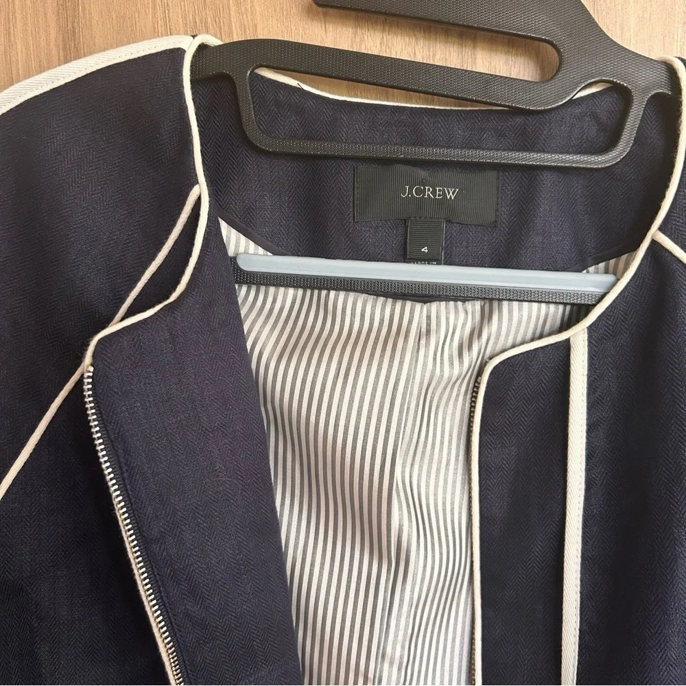 J. Crew Blazer 100% Linen Blue Jacket Blazer Size 4Piping Crop Lined Zip Women - Picture 3 of 6